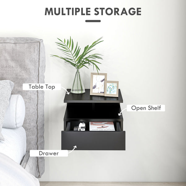 Set of 2 wall-mounted bedside tables with drawer and shelf, black