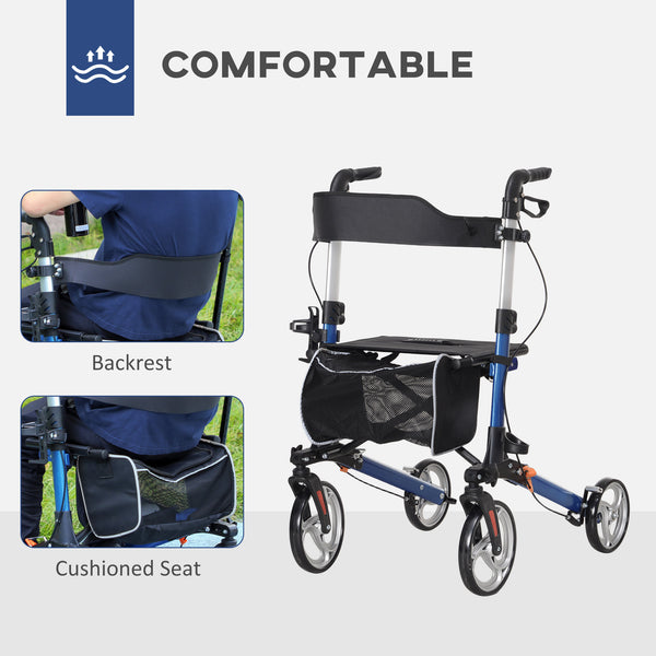 Lightweight folding walker with large seat, backrest and adjustable handle blue