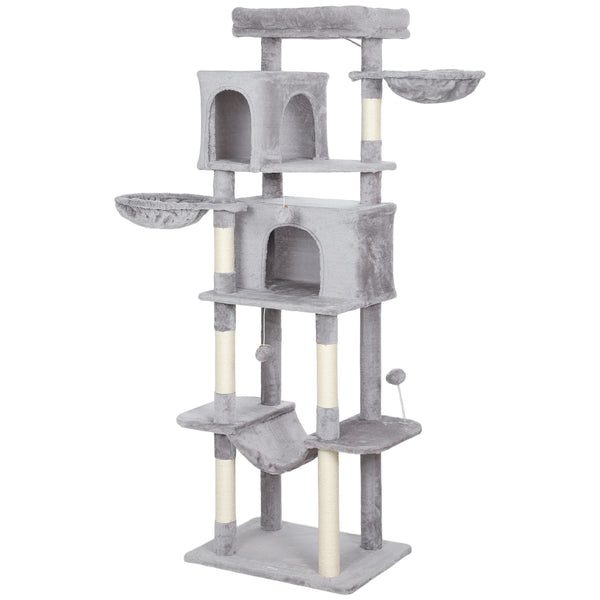 69-inch Multi-Level Cat Tree with 2 Condos, Plush Perch and Scratching Posts, Light Gray