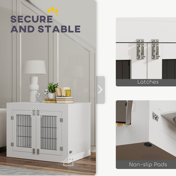 Dog crate furniture with removable bowls and two doors, white