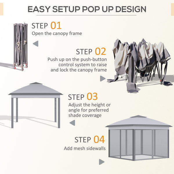 11' x 11' Folding Gazebo, Double-Fly Pop-Up Tent with Zippered Mesh Sidewalls, Adjustable Height and Carry Bag, Gray