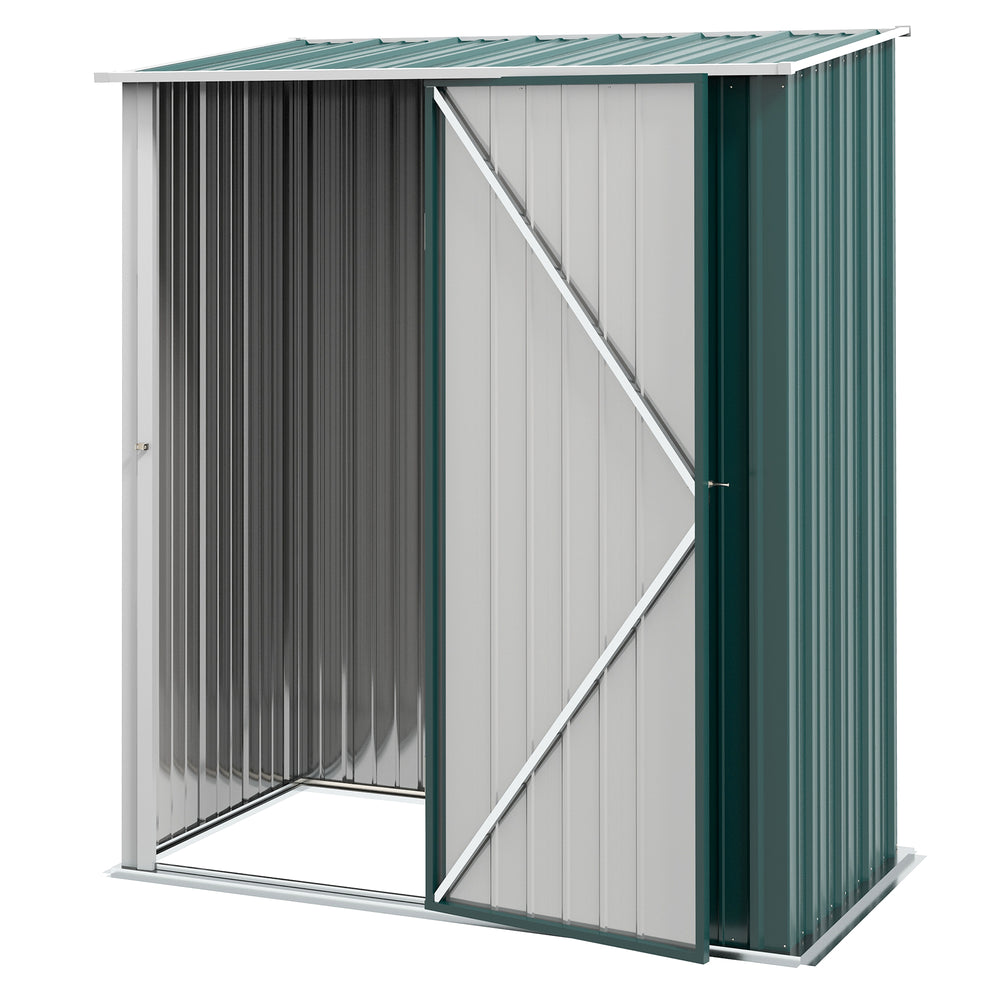 Steel garden shed with single lockable door, green