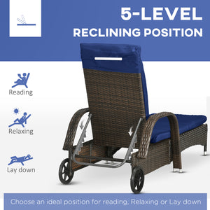 Wicker chaise longue with wheels and table with tempered glass top, dark blue