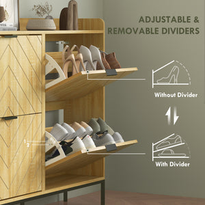 Modern and slim shoe cabinet with 4 drop-down drawers, 16 pairs of shoes, oak