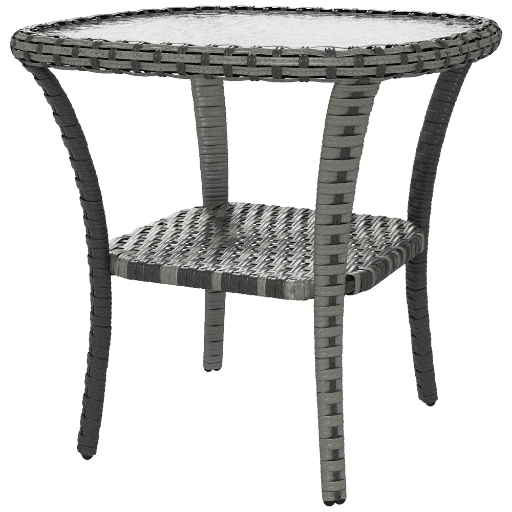 Outdoor Coffee Table with Storage Shelf, Hand-Woven Wicker Side Table with Water-Ripple Glass Top, Mix Grey