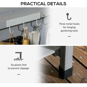 Potting table with drawer, removable sink and hooks, grey