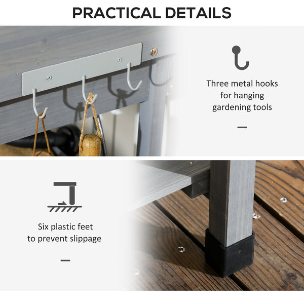 Potting table with drawer, removable sink and hooks, grey