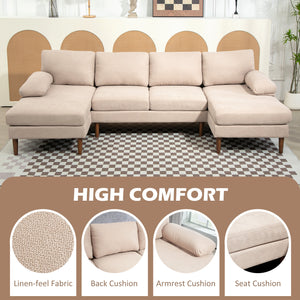 4-seater U-shaped sofa with double chaise longue and wooden legs, beige