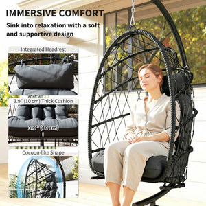 Hanging chair with stand, in woven rattan with thick cushion and safety rope, black