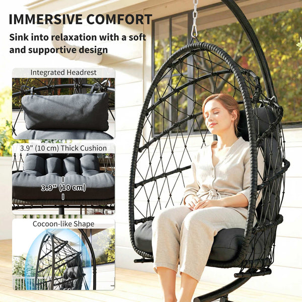 Hanging chair with stand, in woven rattan with thick cushion and safety rope, black