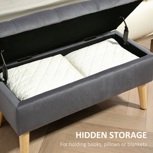 Storage ottoman with velvet upholstered lid and wooden legs, anthracite grey