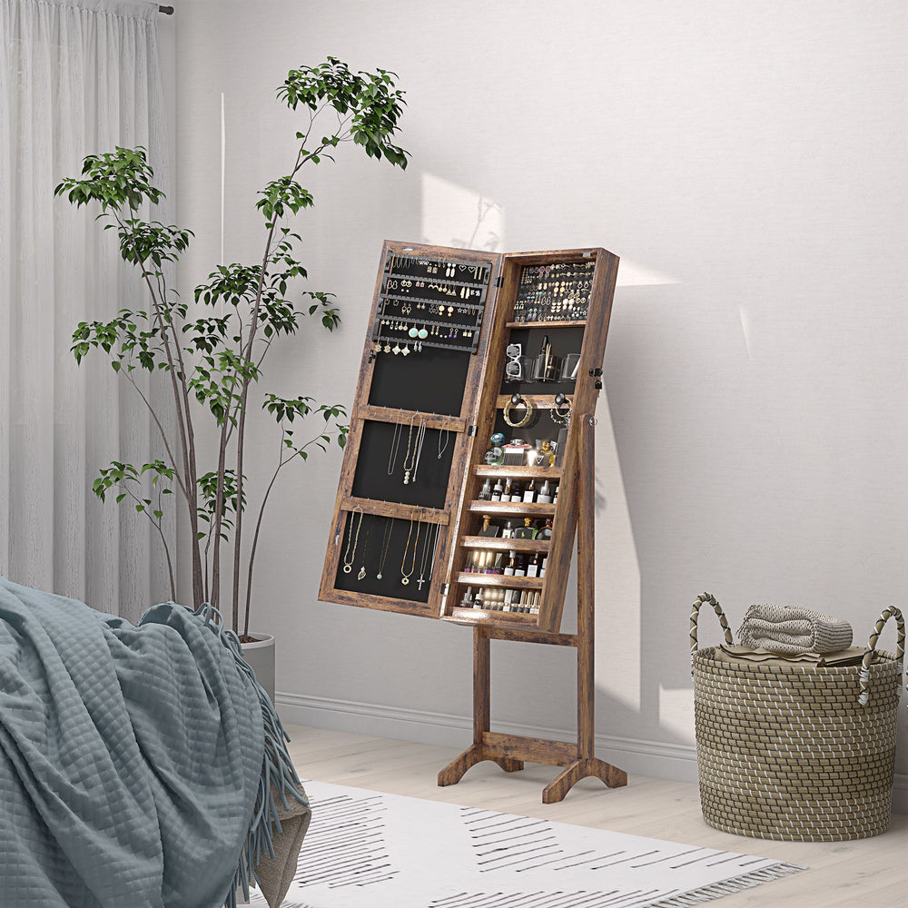 Lockable Jewelry Cabinet with LED Lighting and Storage, Rustic Brown