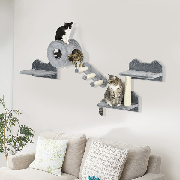 Wall-mounted cat shelves with a hideaway, cushion, scratching post and jumping platform, grey