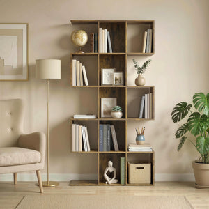 5-Tier Geometric S-Shaped Bookshelf with 15 Compartments, Rustic Brown