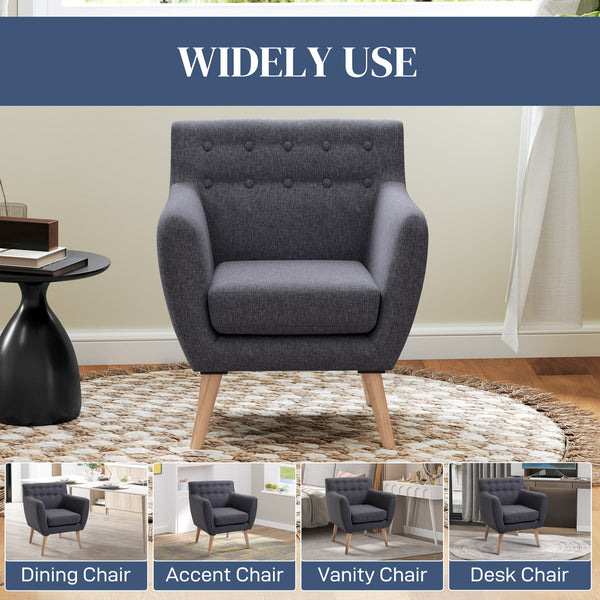 Linen accent chair with wooden frame and thick padding, dark grey