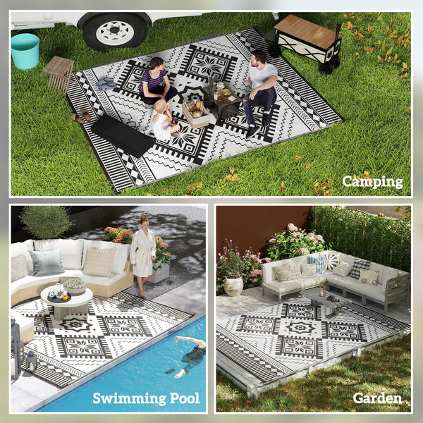 9' x 12' Outdoor RV Mat, Reversible Floor Mat with Carry Bag, Diamond Pattern, White and Black