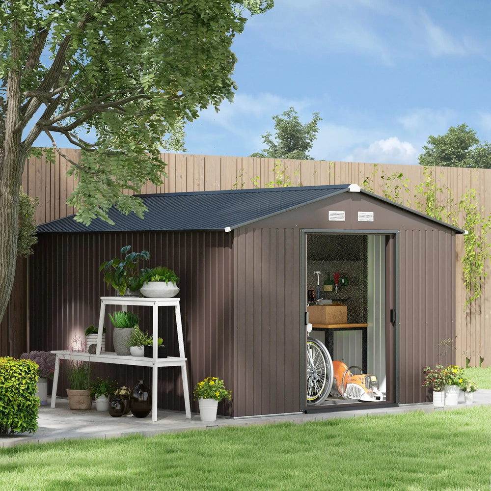 9' x 10.6' Garden Shed with Foundation Kit, Metal with Double Doors, Brown