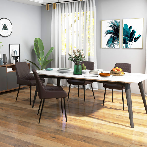 Set of 4 modern chairs with diamond-patterned tufting and steel legs, brown