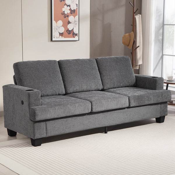 3-seater sofa with USB ports and cup holders, gray