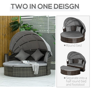 2 Piece Outdoor Rattan Chaise Lounge with Retractable Canopy with Cushions and Pillows, Grey Melange
