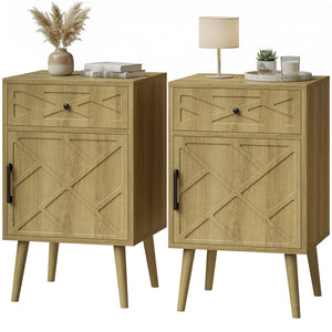 Set of 2 bedside tables with a drawer and a cupboard, oak finish