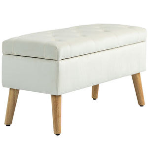Storage ottoman with velvet upholstered lid and wooden legs, cream white