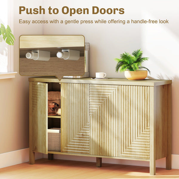 Buffet with fluted doors, push-to-open mechanism, 2 adjustable shelves and 4 doors, natural color