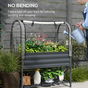 Raised planter with lid, lower shelf and liner, dark grey