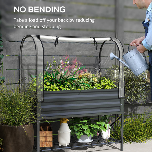 Raised planter with lid, lower shelf and liner, dark grey