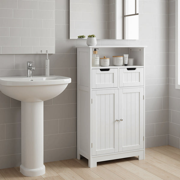 Freestanding bathroom cabinet with adjustable shelf and drawers, white