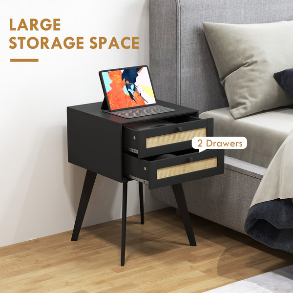 Set of 2 Bohemian Bedside Tables with 2 Drawers in Rattan, Black