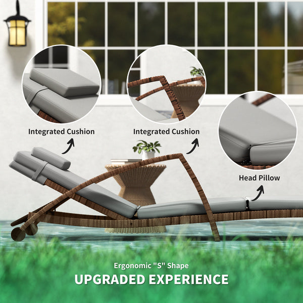 Set of 2 Outdoor Wicker Lounge Chairs with 5-Level Adjustable Backrest, Casters, Cushion and Armrests, Grey