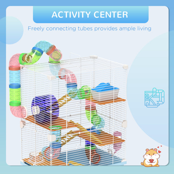 5-Level Portable Hamster Cage with Exercise Wheels, Play Tube, Water Bottle, Bowl, Ladder for Gerbils, Light Blue