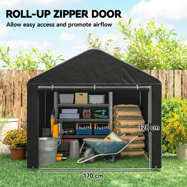 Waterproof portable garden shed with roll-up zippered door, black