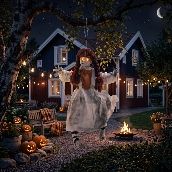 Animated spooky girl on a swing with light-up eyes, sounds, and motion – Reddish-brown and cream white