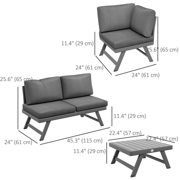 4-piece Convertible Corner Garden Lounge Set with 2 sofas, 1 corner chair and 1 coffee table, grey