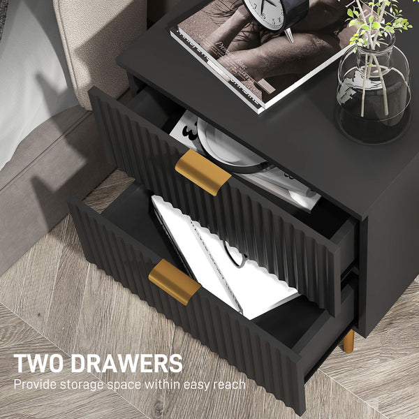Modern bedside table with 2 fluted drawers and gold handles – Black