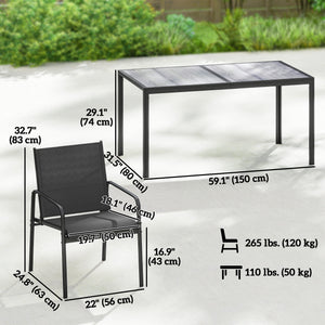 Outdoor dining set for 6 people, faux wood patio table and chairs with breathable mesh seats, galvanized steel frame, black 