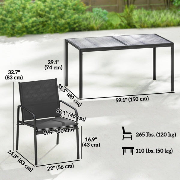 Outdoor dining set for 6 people, faux wood patio table and chairs with breathable mesh seats, galvanized steel frame, black 