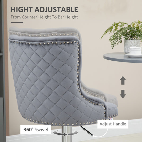 Set of 2 modern adjustable bar stools in velvet, grey