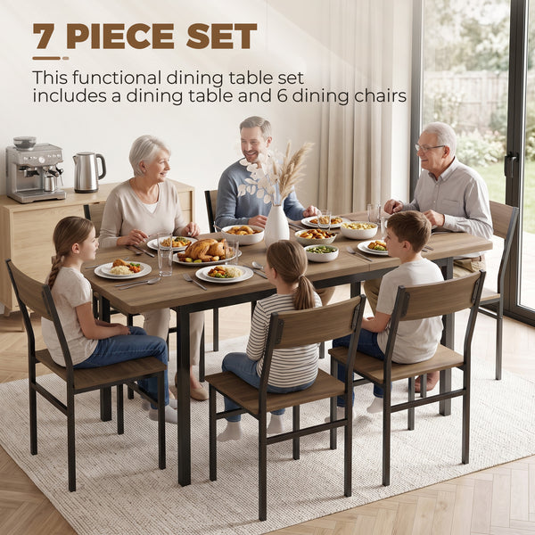 Extendable table with 6 chairs, brown and black wood effect