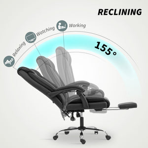 Ergonomic leather office chair with footrest, reclining and swiveling, black
