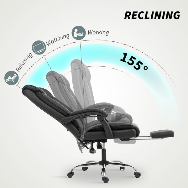 Ergonomic leather office chair with footrest, reclining and swiveling, black