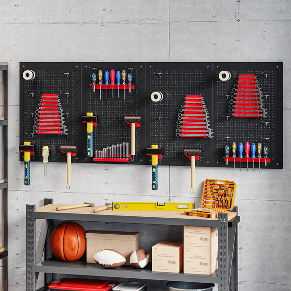 Steel wall tool organizer with 4 panels, 12 holders and 22 hooks – Black and red