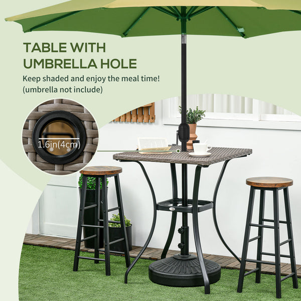 Outdoor coffee table in woven resin with a hole for a parasol, light grey