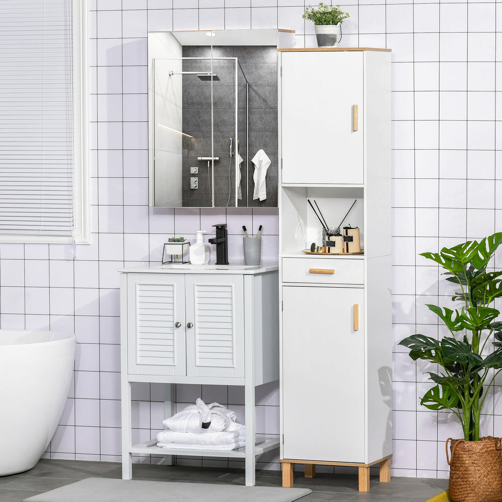 White bathroom storage cabinet with cupboards and drawer