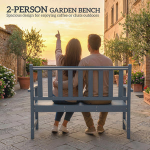 Weather-resistant outdoor bench made of HDPE, slatted seat for 2 people