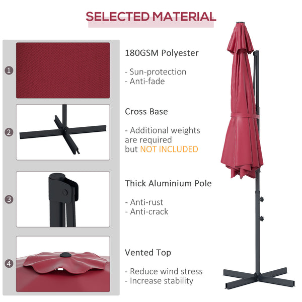 3m hanging aluminum cantilever parasol with 360° rotation, crank, tilt, cross base, red