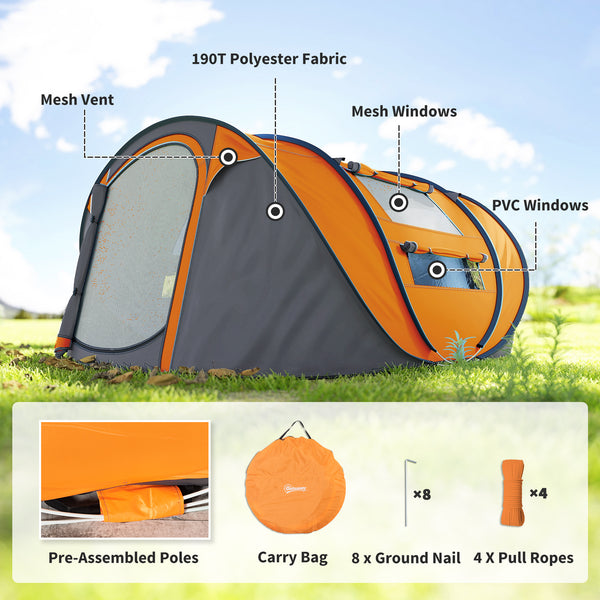 2-Person Camping Tent, Easy Setup Pop-Up Tent with Doors, Windows, and Carry Bag, Automatic Setup, Orange