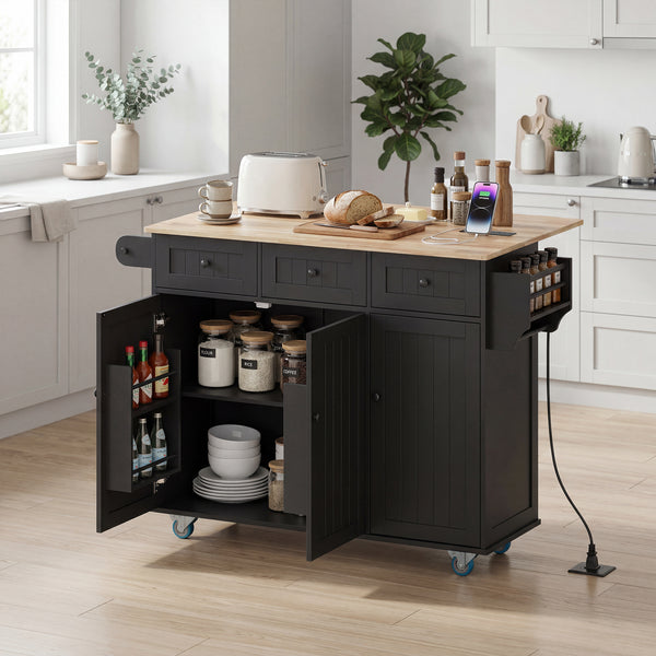 Mobile kitchen island with drop leaf, storage and charging station – Black and oak